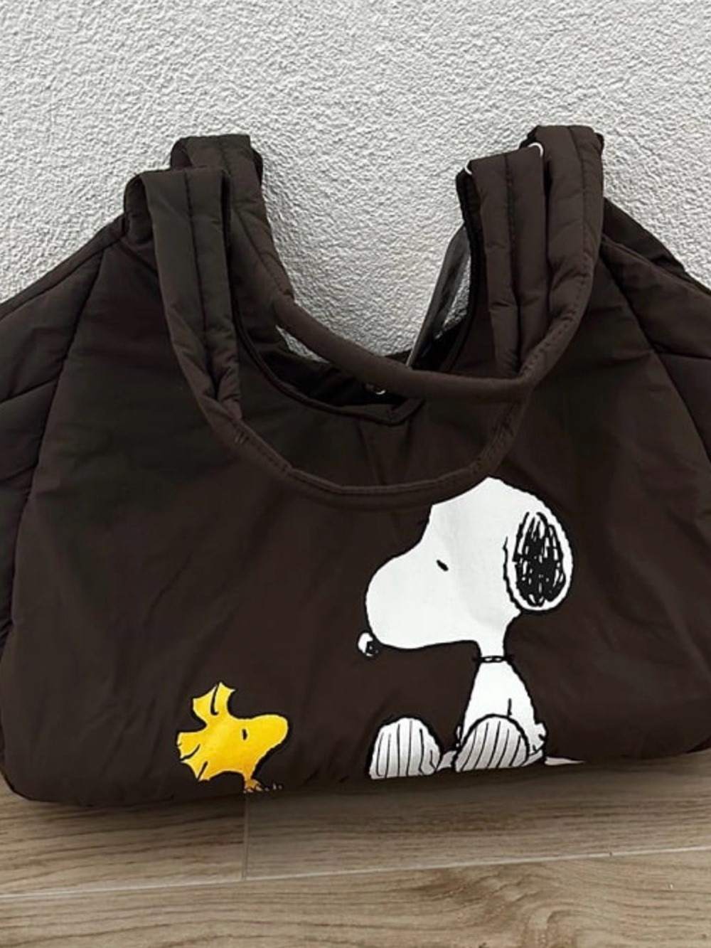 Primark Brown Quilted Shoulder Bag with White Snoopy and Yellow Woodstock
